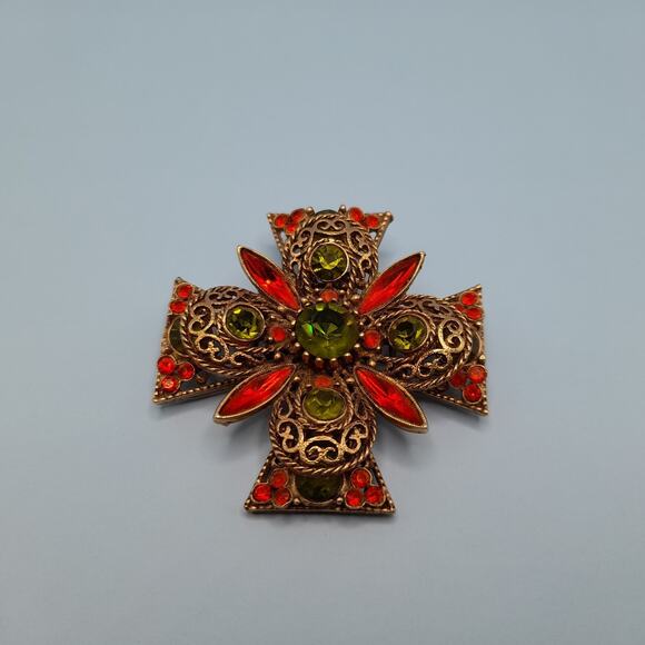 Vintage EMMONS Maltese CROSS Filigree Rhinestone Goldtone Brooch Pin Signed - Picture 5 of 10